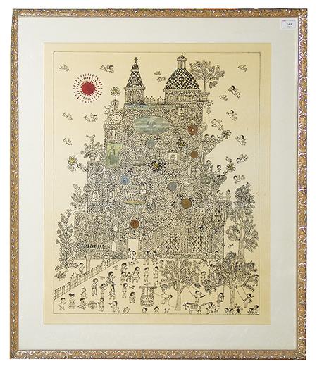 Manuel Lepe Macedo (1936-1984): Signed original pen and ink on paper with applied coins, illustrations, milagros, etc. - Pintura original. Purchased from artist in 1977. Circa: 1977 Size: 25" x 20" (frame 32" x 27")