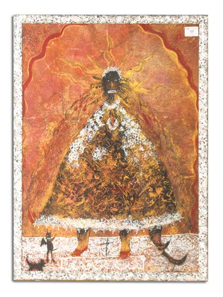 Alejandro Colunga (B-1948): Signed limited edition (#1/5) color lithograph "Madonna de los Tecolotes". Circa: Late 1900s Size: 26" x 20" (frame 28" x 22")