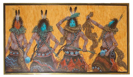 Jackie Tobaahe Gene (B-1952): Beautiful signed original oil on canvas showing 4 masked Pueblo ceremonial dancers. Singed "Jene". Circa: Late 1900s Size: 15" x 30" (frame 16" x 31")