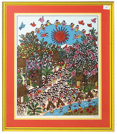 Manuel Lepe Macedo (1936-1984): Colorful signed limited edition (#58/100) serigraph "Sinfonia". Circa: 1974 Size: 24" x 18" (frame 32" x 26")