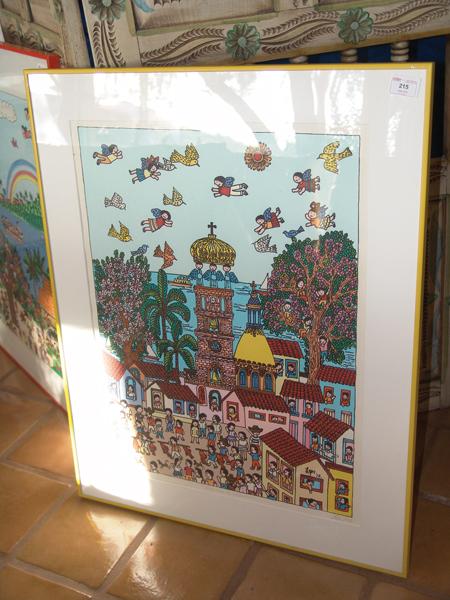 Manuel Lepe Macedo (1936-1984): Signed limited edition (#96/100) full color lithograph "Los Ninos de me Puebla". Circa: 1978 Size: 24" x 18" (frame 32" x 25")