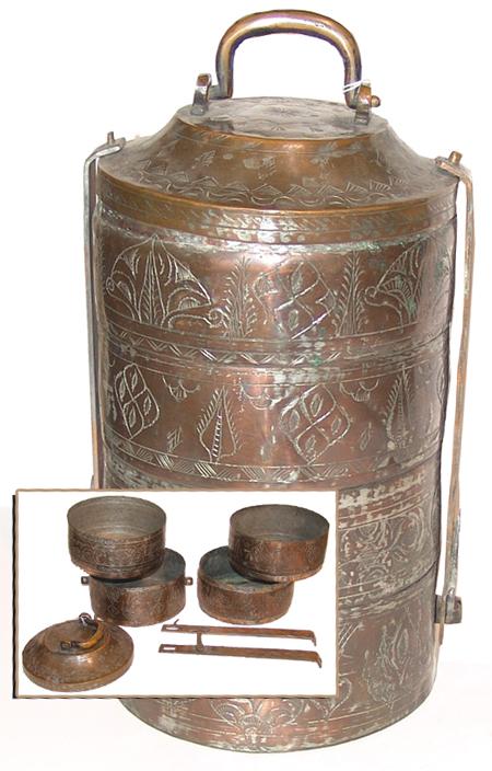 Antique Canister: Possibly of Greek or Turkish origin. 4 locking stackable handwrought brass bowls with elaborate stamped designs. Circa: Early to mid 1900s Size: 13" x 9" diam.