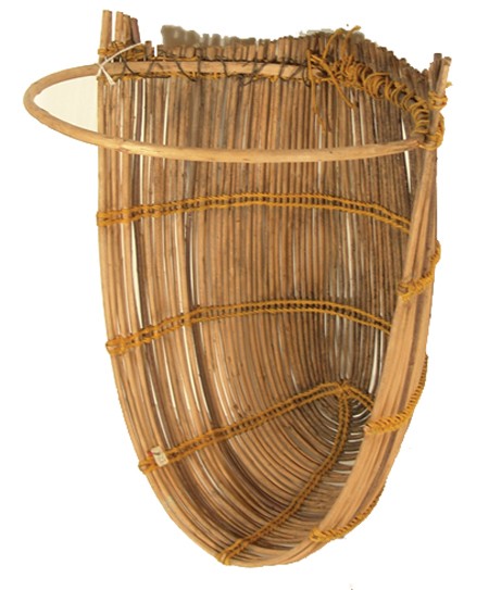Pomo Cradle: Traditional infant sized bent willow baby carrier with hoop at top for a sunshade and woven together with braided gold cord. Condition: very good. Size: 13" x 14-1/2" x 19" Circa: Early to mid 1900s