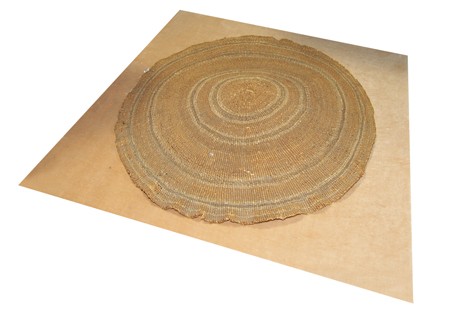 Klamath Basket: Outstanding extra large woven gaming tray with simple 4 banded design. Condition: very good. Size: 23" diam. Circa: Early 1900s