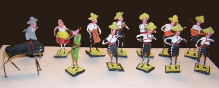 Mexican Folk Art: 13 pieces of wire and painted clay figures. 9 music players, 2 dancers, 1 bull fighter and 1 bull. Jalisco Mexico. Size: 2" high Circa: 1950s