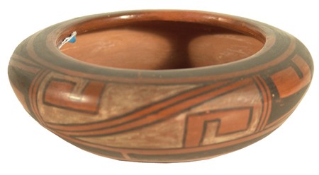 Hopi Pottery Bowl: Classic old redware polychrome wide bowl with curled rim and great patina. Condition: very good. Size: 2-3/4" x 6-3/4" Circa: Early 1900s