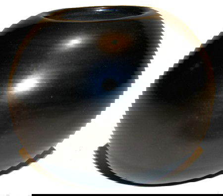 San Ildefonso Seed Jar - Barbara Gonzales: Superb black polished seed jar with sgraffito spider web and turquoise and coral cabazons. Includes hand signed poster. Size: 3-1/4" x 4" Circa: 1982