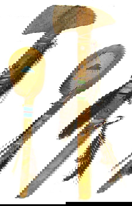 2 Beaded Items: Pair of long handled items both rawhide covered with beaded bands, feathers, brass tacks; one a turtle shell rattle, the other a stone headed axe. Condition: both very good. Size: Longest 22" Circa: M