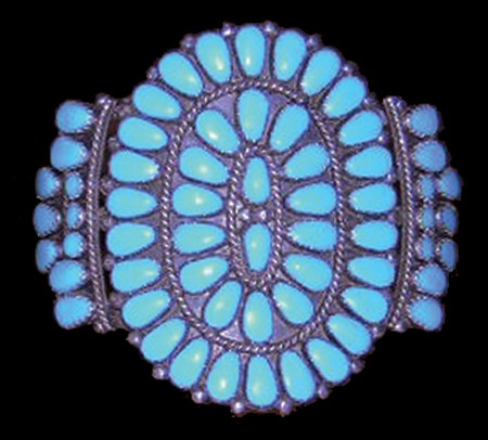 Navajo Bracelet - Frank David: Traditional Navajo sterling silver turquoise cluster bracelet set with 62 clear blue stones. Hallmarked. Size: 6-1/2" x 2-1/4" + 1" gap Circa: 1980s