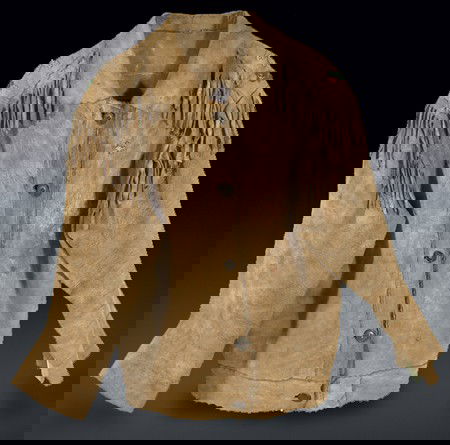 Plateau Moosehide Coat: Heavy smoke-tanned moose hide scouts jacket with floral beaded accents, fringe, and scalloped button panels. Condition: very good. Size: Men's medium Circa: Early 1900s