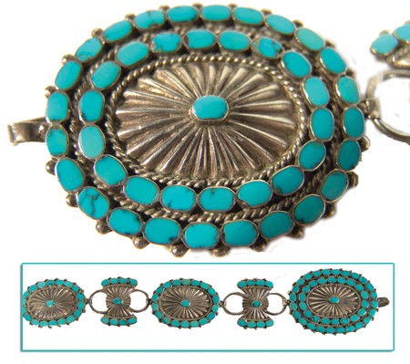 Zuni Needlepoint Concho Belt: Fine cast silver ladies adjustable concho belt. Each of the 10 conchos, 11 butterfly spacers, and larger matching buckle set with matching inlay turquoise stones. Condition: very good. Size: 37" x 1-1