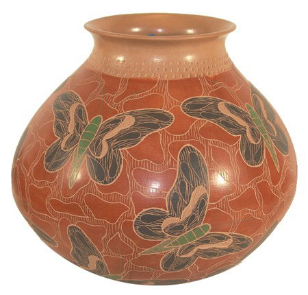 Mata Ortiz Pottery Olla - Lupe Soto: Fine thin walled redware pottery olla with polychrome butterfly figures done in sgraffito style. Condition: excellent. Size: 9-1/2" x 10" Circa: Early 2000s