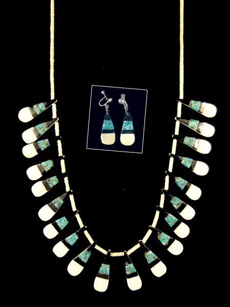Pueblo Fanner Necklace and Earring Set: Classic old style necklace made with bone beads and carved bone paddles with turquoise and jet overlay. Includes matching earrings. Condition: very good. Size: 26", Earrings 2" Circa: 1970s