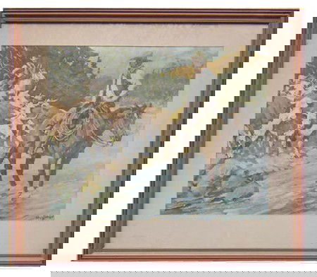 Signed Lithograph: Artist signed lithograph. Looks like the artist also signed with a rocking horse. Size: 24" x 19" (frame 31" x 27") Circa: 1940s-50s