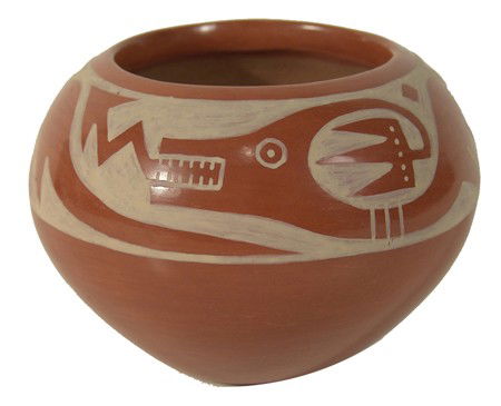 San Ildefonso Pot- Angelita Sanchez: Beautiful white on red pottery bowl with traditional Avenyu water serpent design. Very good condition. Circa: Mid 1900s Size: 3-1/2" x 5"