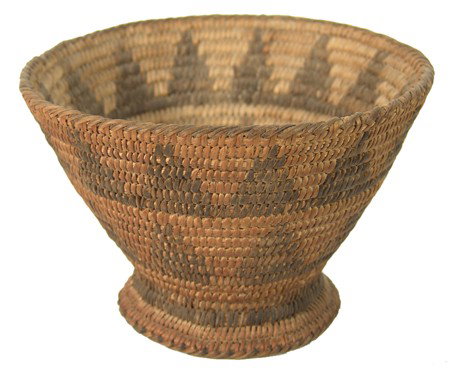 Pima Basket: Very unique pedestal shaped basketry bowl with interesting point design. Good condition, needs cleaning. Circa: Early-mid 1900s Size: 5" x 8"