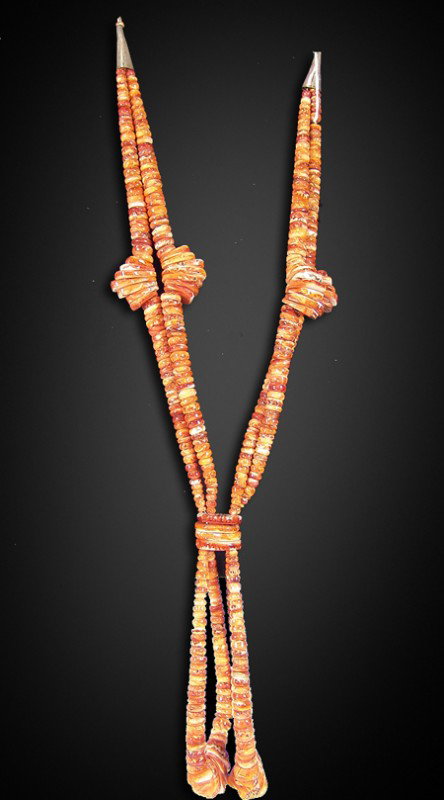 Pueblo Shell Necklace- James Pete: Fantastic triple Jacla style necklace made from beautiful hand cut, honed and graduated spondulus shell beads. Excellent condition. Circa: 1970s Size: 28"