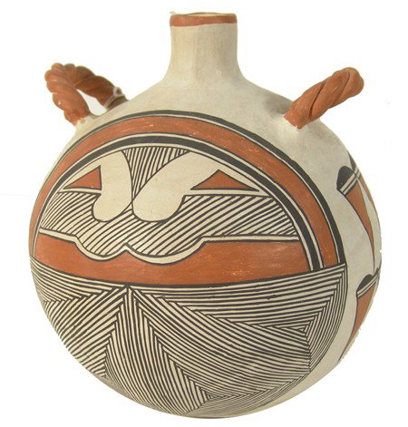 Acoma Canteen- B. Concho: Very fine thin walled polychrome canteen with fine line design and twisted double lugs. Very good condition. Circa: Late 1900s Size: 8" x 8"