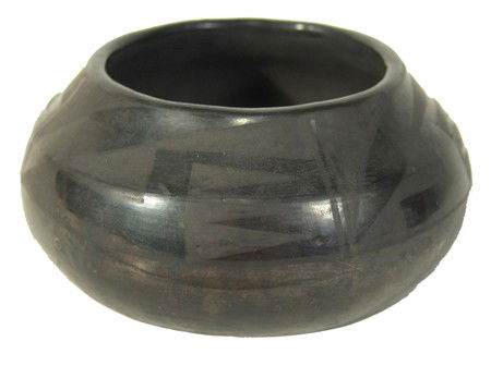 San Ildefonso Pottery- Maximiliana Montoya: Rare signed black on black pottery jar in good condition. Circa: Early 1900s Size: 3-1/2" x 5-1/2"