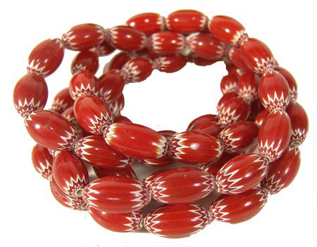 Chevron Trade Beads: 2 strands of fine 6 layer 7/8" polished red chevron beads. Excellent condition. Circa: Late 1900s Size: 34"