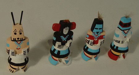 4 Small Katsina Dolls: Collection of 4 small Route 66 dolls- cricket, pot carrier, flute and rattle. All very good condition. Circa: 1970s Size: 4" each
