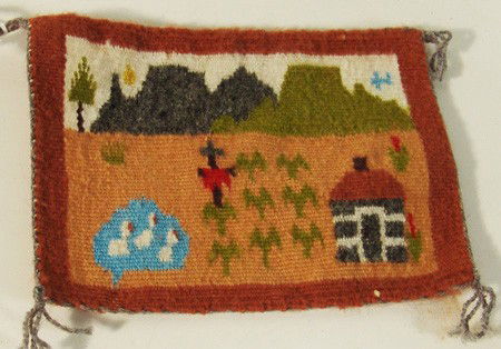 Miniature Navajo Rug- Elizabeth Begay: Superfine miniature pictorial showing a hogan, pond with ducks, cornfield with scarecrow, mesas, etc. Excellent condition. Circa: 1970s Size: 5-3/4" x 4-1/4"