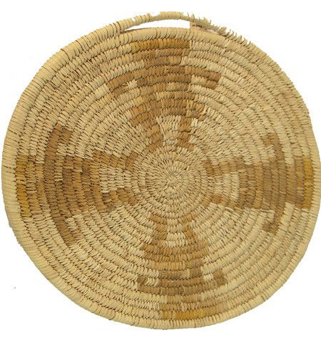 Papago Basket: Traditional woven basketry plaque with 4 human friendship figures done in yellow. Very good condition. Circa: 1980s Size: 14-1/2"