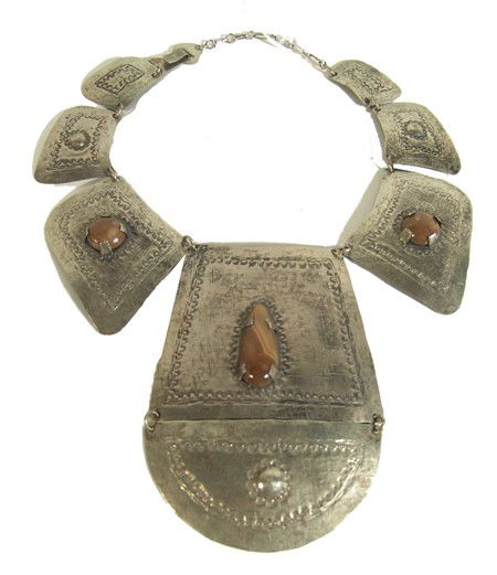 Vintage Costume Jewelry- Alexis Kirk: Another boldly designed necklace made from stamped German silver set with brown agates- unsigned but identified by owner. Circa: 1970s Size: 13"
