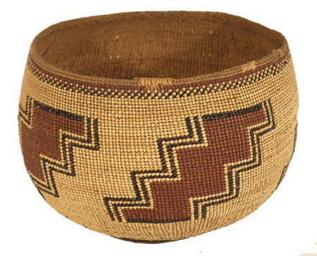 Hupa Bowl: Beautiful deep basketry bowl with traditional stepped polychrome designs. Very good condition with 3 professional repairs. Circa: Early 1900s Size: 4-1/2" x 5-1/2"