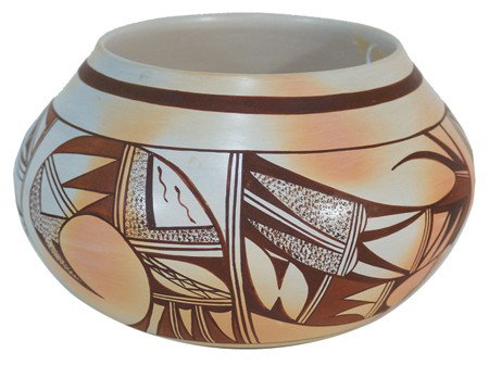 Hopi Pottery Jar-Grace Navasie: Very fine polychrome on buff wide pottery jar with beautiful traditional motif. Very good condition, signed with Frog hallmark and letter "G." Circa: Late 1900s Size: 5" x 9"