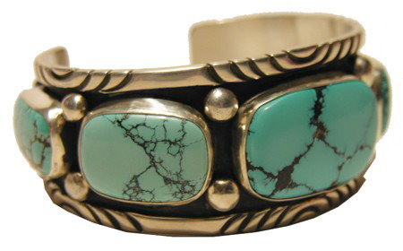 Navajo Bracelet - Edison Begay: Exceptional wide cuff bracelet with five natural Pilot Mountain turquoise cabachons and filework. Hallmark E B. Circa: Contemporary Size: 5-1/2" plus 1-1/4" gap x 1/1-4" wide