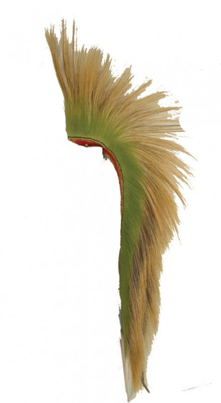 Plains/Plateau Dance Roach: Traditional hand woven ochred porcupine hair head piece with woven woolen base. Very good condition. This might be Pawnee. Circa: Early/Mid 1900s Size: 21"