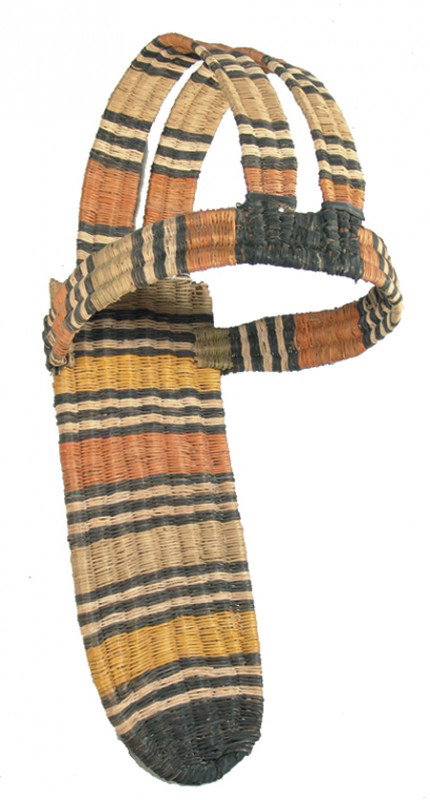 Hopi Cradle Board: Very rare (only one we've ever had) 3rd Mesa woven wicker baby carrier done in traditional weave and colors. Very good condition. Circa: Early/Mid 1900s Size: 22" x 9"