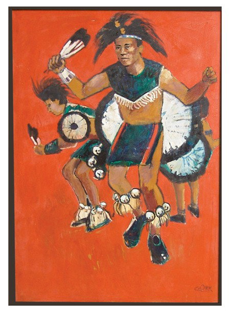 Caroline Orr (20th Century): Signed original oil on canvas depicting a fancy dancer. Circa: 1970s Size: 48" x 33" (49" x 34")