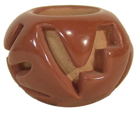 Santa Clara Miniature Pottery- Veronica Naranjo: Fine deep carved redware miniature in very good condition. Circa: Late 1900s Size: 1-1/4" x 1-3/4"