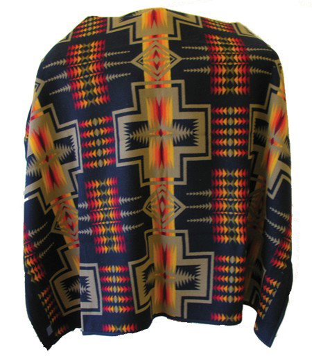 Pendleton Blanket: Beautiful reversible Pendleton blanket with colorful serrated diamond design. Navy/Beige color, Beaver State label intact. Circa: Contemporary Size: 75" x 64"