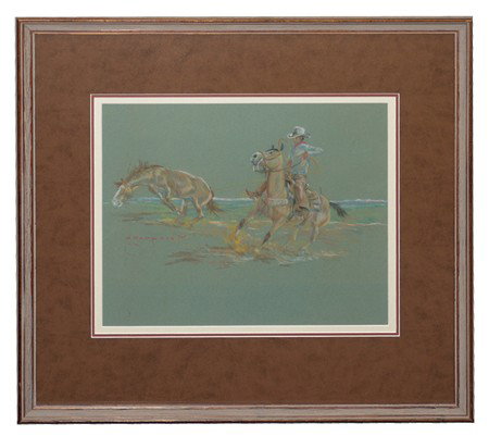 Will Sampson (1933-1987): Beautiful signed original pastel/chalk showing a wrangler roping a wild mustang. Sampsonn played "Chief" in One Flew Over the Cuckoo's Nest in 1975. Circa: 1971 Size: 14" x 16-1/2" (frame 24" x 25-1/2