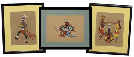 3 Kiowa 5" Prints: Set of famous silkscreen prints by Stephen Mopope, Monroe Tastoke, and Spencer Asah, all done on brown paper. Circa: Mid 1900s Size: Various