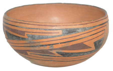 Casas Grandes Pottery Bowl: Beautiful polychrome pottery bowl with traditional motif. Very good condition, possibly some restoration. Circa: Prehistoric Size: 5-3/8" x 9-1/2"
