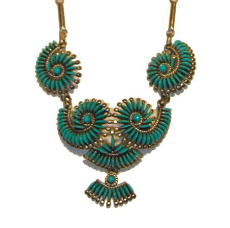 Zuni Necklace - Edith Tsabetsaye: Spectacular Zuni necklace with her classic snail shell design using needlepoint turquoise stones on a hand wrought chain with extension. Hallmarked. Circa: 1960 Size: 19" plus 2" drop