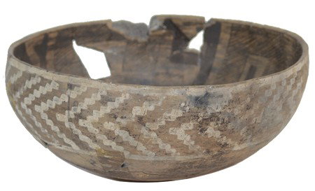 Anasazi Pottery Bowl: Large thin-walled black-on-white St. John's polychrome bowl with interior and exterior designs. Reglued but not restored. Circa: Prehistoric Size: 5" x 11-1/2"