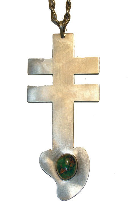 Navajo Necklace - Edison Begay: Exciting sterling necklace with double barred cross with natural Carico Lake turquoise cabazon. Hallmarked "EB". Circa: Contemporary Size: 24" plus 5" cross