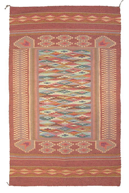 Navajo Rug/Weaving - Annette Tishe: Very fine pastel burntwater rug with intricate geometric and banded design. Excellent new condition. Ex Heard Museum Shop. Circa:Late 1900s Size:51" x 30"