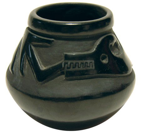 San Ildefonso Jar - Blue Corn: Outstanding jar with black polished and black matte finish with avanyu design from this award winning deceased potter. Circa:1960 Size:4-1/4" x 3-3/4"