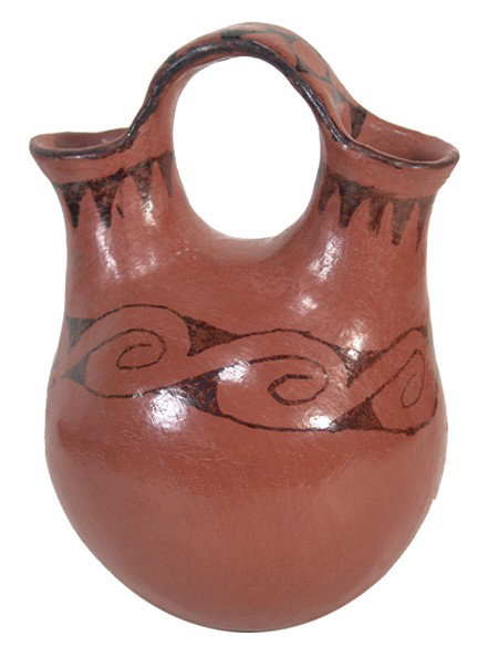 Maricopa Pottery Jar- Ida Redbird: Classic and rare black-on-red double necked vase with traditional Maricopa design. Very good condition. Circa:Mid 1900s Size:8" x 6"
