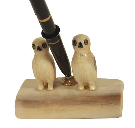 Eskimo Ivory Pen Set: Finely carved fossilized ivory pen holder with 2 puffins, pen has 14KT gold tip. Good useable condition. Circa:Early/Mid 1900s Size:4" x 3"