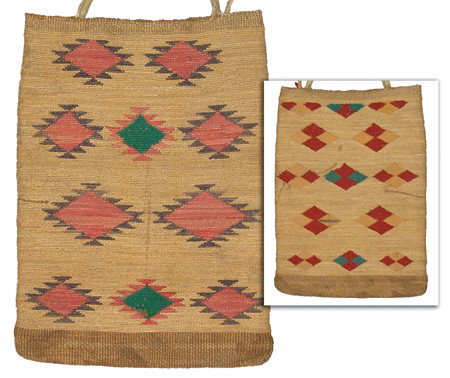 Nez Perce Corn Husk Bag: Classic finely woven traditional 2-sided bag with geometric designs out of dyed husk and woolens. Very good condition, nice shape. Circa:Early/Mid 1900s Size:17" x 12"