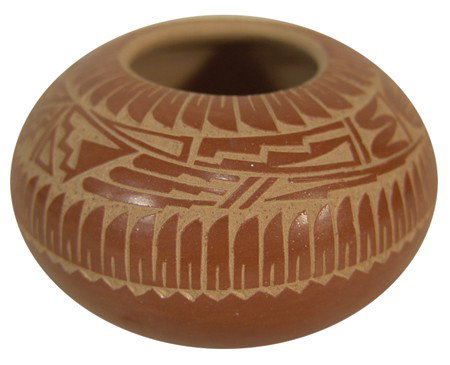 Jemez Miniature Pottery Jar- Georgia Vigil: Very fine sgraffitto redware seed pot with feather design and other traditional symbols. Excellent condition. Circa:Late 1900s Size:1-3/4" x 3"