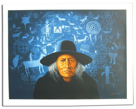 Frank Howell (1937-1997): "Navajo Man w/Blue Petroglyphs". This deceased Southwestern artist is known for painting regal looking Native American subjects. Circa:1970s Size:36" x 43"