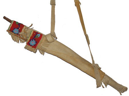 Athabascan Bowcase and Quiver: Classic 2 piece hide bag trimmed with floral beaded red tradecloth, comes with a bow and an arrow shaft. Very good condition. Circa:Early/Mid 1900s Size:28" x 3"
